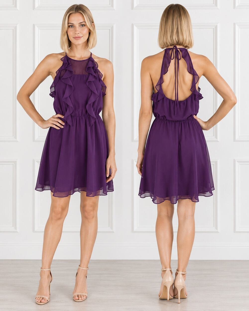 NWT BCBGeneration Ruffle Cutout Back Purple Dress